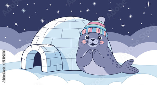 Cute Seal In Winter Wonderland Beside Igloo