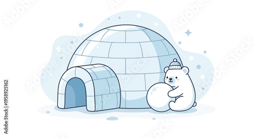 Cute Polar Bear With Snowball And Igloo Winter Scene Illustration