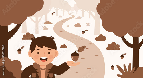 Delightful Child Exploring Autumn Forest With Acorns