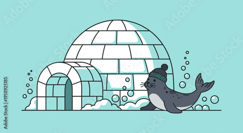 Cute Seal Wearing Hat Next To Igloo In Winter Environment
