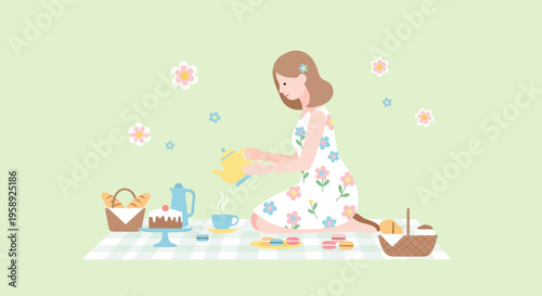Delicate Picnic Scene With Woman Pouring Tea And Sweet Treats
