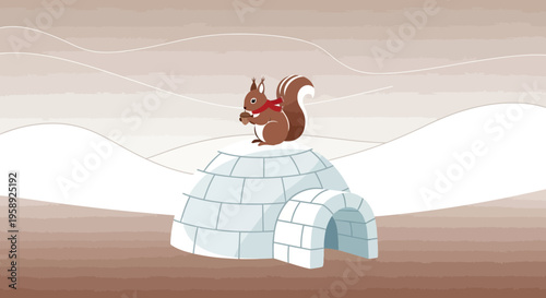 Cute Squirrel Sitting On Top Of An Igloo With A Red Scarf Holding A Nut