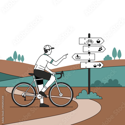 Cyclist Pondering Route Choices At Crossroads With Directional Signposts