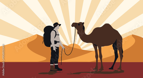 Desert Adventure Traveler With Camel Iconic Journey In Vast Sand Dunes