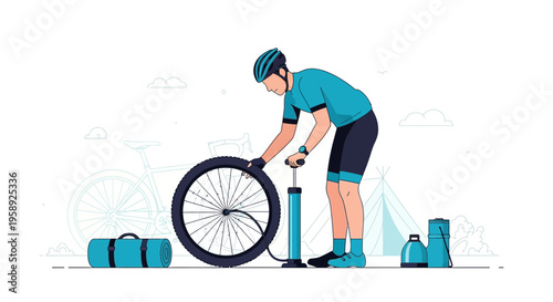 Cyclist Prepares For Adventure Inflating Tire With Pump And Camping Gear Ready