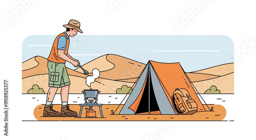Desert Camping Adventure Preparing A Meal Near Tent