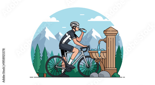 Cyclist Quenches Thirst At Mountain Spring Fountain