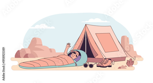 Desert Camping Adventure Scene Person Waving From Sleeping Bag Next To Tent