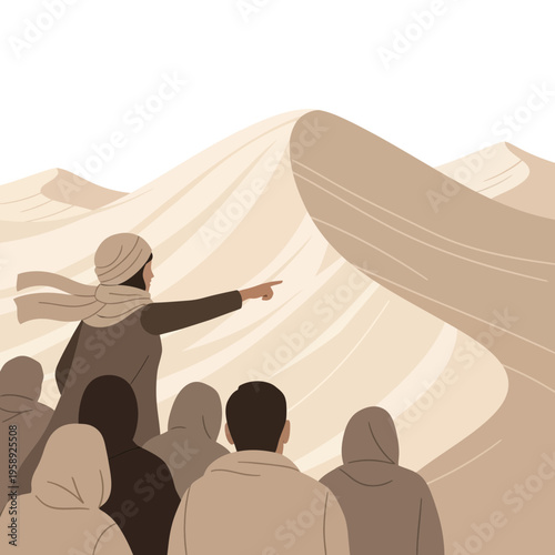 Desert Expedition Group Following Leader Pointing Towards Sand Dune Formation