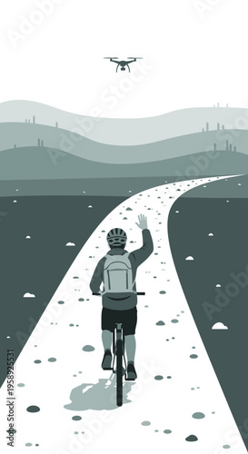 Cyclist Waves To Drone Overhead Exploring Scenic Mountain Trail