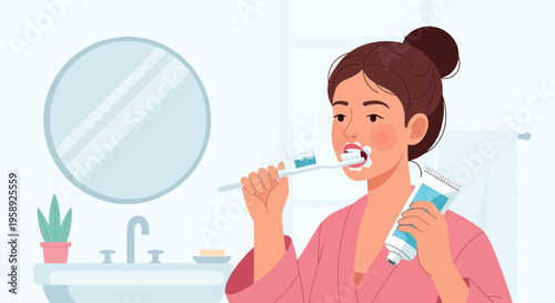 Daily Oral Hygiene Routine A Woman Brushing Her Teeth In The Morning