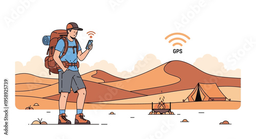 Desert Explorer Uses Smartphone For GPS Navigation With Camp Site Nearby