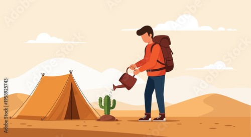 Desert Explorer Tends To A Thirsty Cactus With Watering Can Near Tent