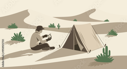 Desert Explorer With Compass Near Tent