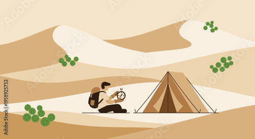 Desert Explorer With Compass And Tent Navigating Sandy Dunes