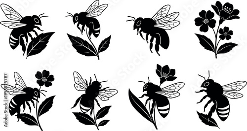 Set of bee and flower silhouettes in different poses isolated on light background flat vector illustration collection for nature gardening pollination design