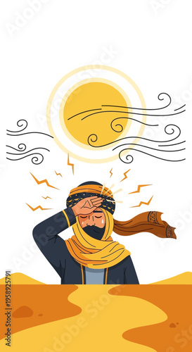 Desert Heatwave Sufferer Wearing Traditional Garb Under Intense Sun