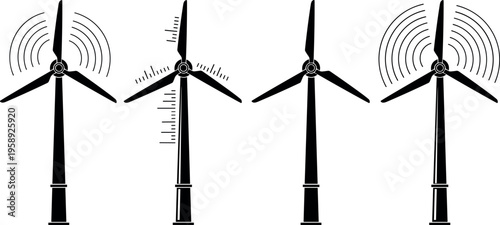 Set of wind turbine silhouettes showing rotation motion energy production concept isolated on light background flat vector illustration for renewable power and eco design