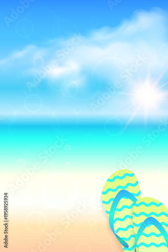 Sunny Summer Beach Scene With Colorful Flip Flops On Sandy Shore And Sparkling Ocean