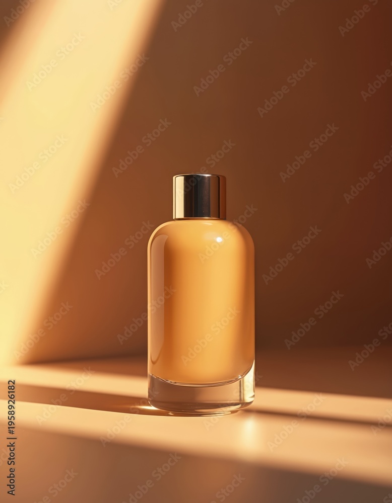 Naklejka premium Glass bottle with golden cosmetic liquid. Product stands on surface, light rays create shadow patterns. Elegant skincare packaging, minimalistic studio shot. Beauty, makeup, foundation.