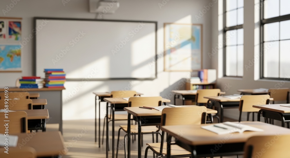 Fototapeta premium Empty Classroom with Desks and Whiteboard Bathed in Sunlight.
