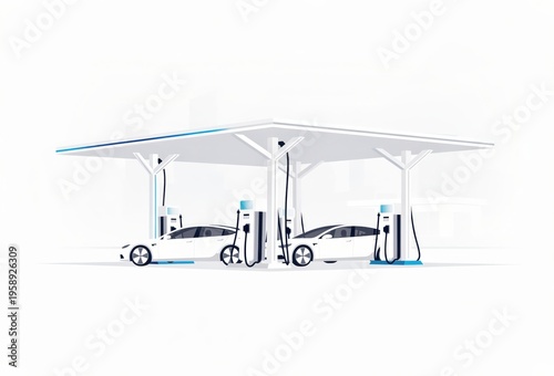 Electric vehicle charging station with sleek white cars, eco friendly infrastructure promoting sustainable transportation and technological advancement in modern urban settings