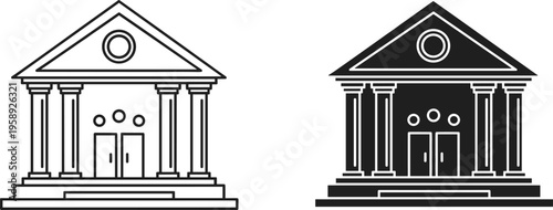 Classic Courthouse and Bank Building Icon Set, Neoclassical Architecture Flat Vector Illustration of Government, University, and Financial Institutional Front Facade