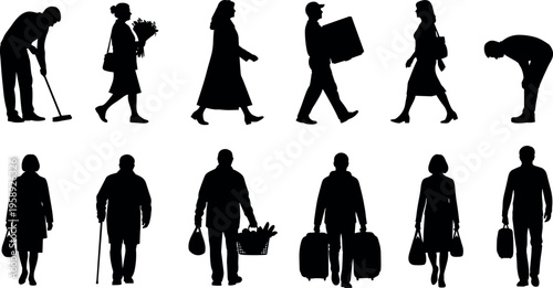 People silhouette collection with walking pedestrians, shoppers, travelers and workers carrying bags, suitcase and groceries, diverse daily life activity figures isolated on white background