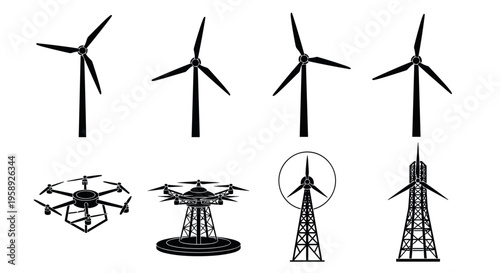 Wind turbine and drone silhouette set showing renewable energy technology, aerial inspection devices and power generation towers isolated on white background vector illustration collection