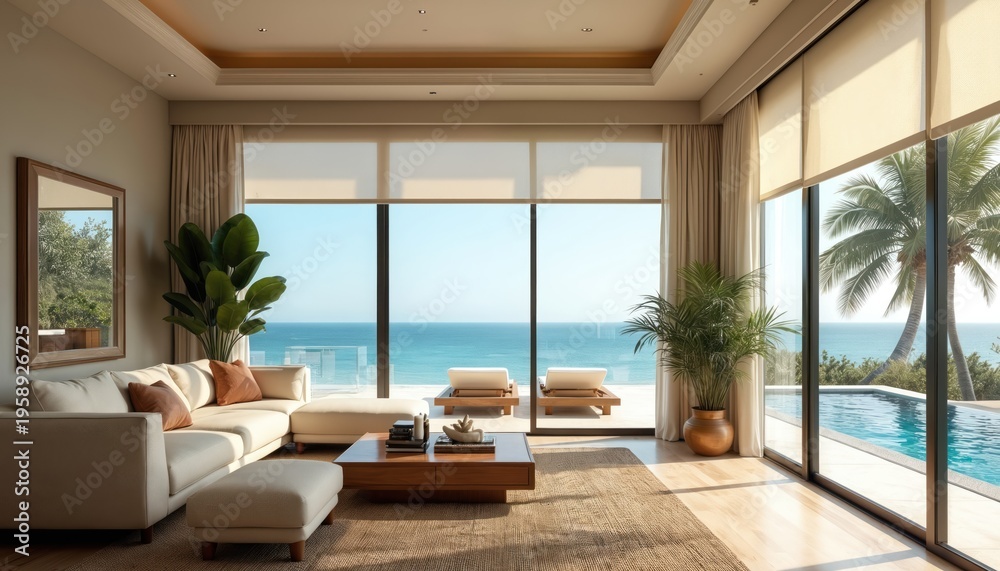Fototapeta premium Luxurious beachfront living room with ocean view. Large windows, modern sofa, and pool create a relaxing atmosphere. Tropical palm trees frame the serene seascape.