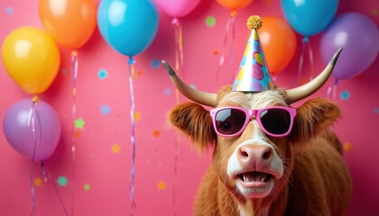 Highland cow wears party hat and pink sunglasses. Colorful balloons and confetti decorate pink background. Animal celebrates birthday with festive, funny, happy mood for party.