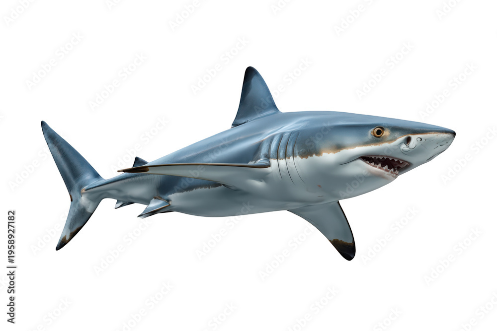 Fototapeta premium White shark swimming at an angle, showing powerful marine predator, jaws open with sharp teeth, isolated on transparent background