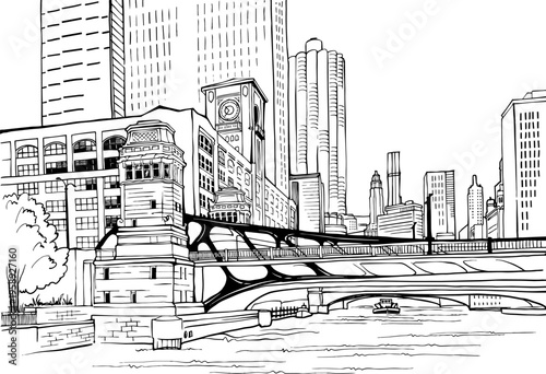 Nice view of Chicago. USA. Chicago river. Bridge. Urban sketch. Hand drawn urban landscape. Line Art. Ink Drawing. Vector illustration. Postcard style.