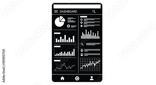 Black and white illustration of a smartphone displaying a data dashboard interface