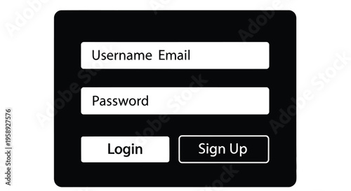 Black login form with username email password and sign up options displayed