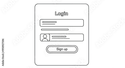 Line drawing of a mobile login screen with username password and sign up options