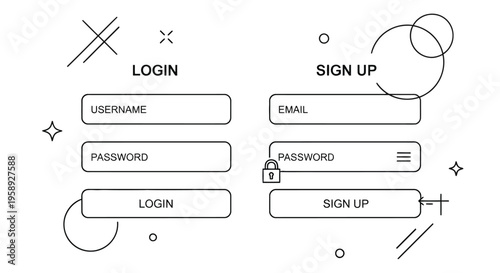 Login and sign up form interface with abstract line art elements