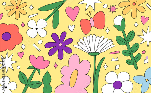 playful and colorful flowers drawn in a childish hand-drawn style