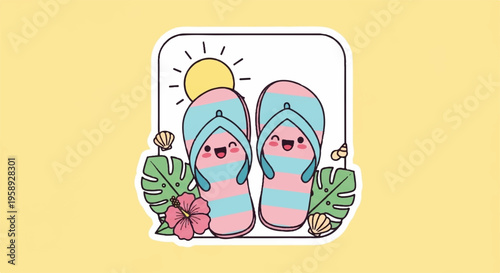 Cute cartoon flip flops, summer vacation icons, colorful beach shoes, kawaii sandals