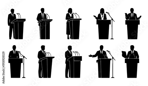 Public Speaking Silhouettes Vector Collection People at Podiums with Microphones