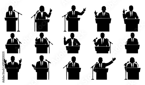 People Speaking at Podium Vector Silhouette Set Public Speech and Presentation Icons