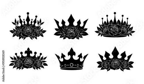 Floral Crown Silhouette Vector Set Black Crowns with Roses and Leaves Collection