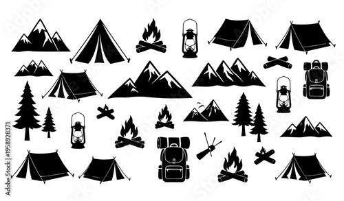 Outdoor Camping Silhouettes Vector Collection Travel Nature Adventure Icons Set