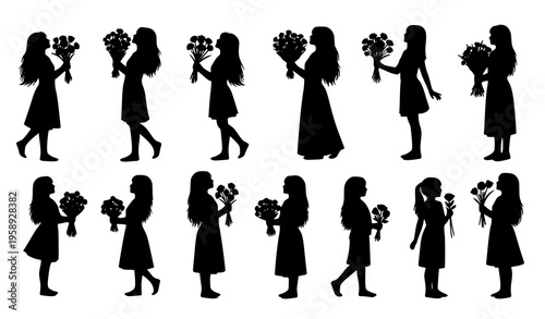 Black Silhouettes of Women and Girls with Bouquets Vector Collection Floral Poses