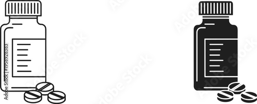 Medicine Bottle and Pills Icon Set, Pharmacy Prescription Drug Packaging, Healthcare Vitamins and Supplement Containers, Flat Vector Illustration Graphics