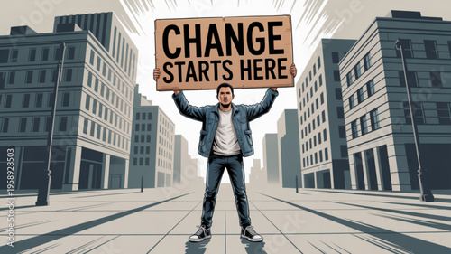Man holding 'change starts here' sign in city street with modern buildings symbolizing revolution and activism
