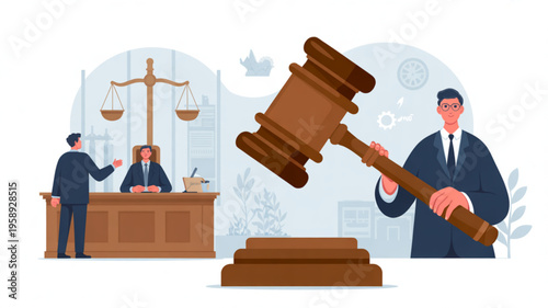 Lawyer holding large gavel in courtroom with judge and scales of justice in background symbolizing legal judgment and authority