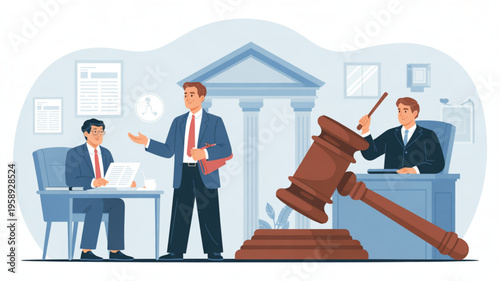 Courtroom scene with judge banging gavel lawyer presenting case to seated attorney law office background