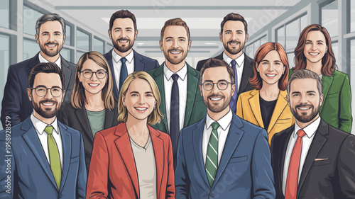 Diverse group of smiling business professionals standing together in a modern office hallway with large windows and a sleek interior design