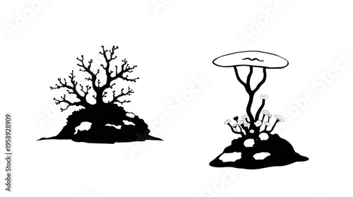 Fungus and Branching Tree Minimalist Graphic Silhouettes on Transparent Background